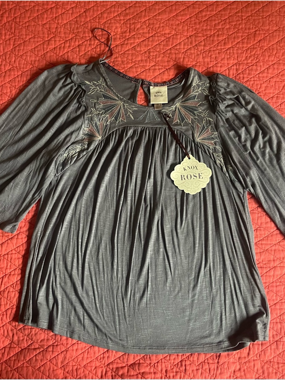 Knox Rose Gray Embroidered Peasant Blouse